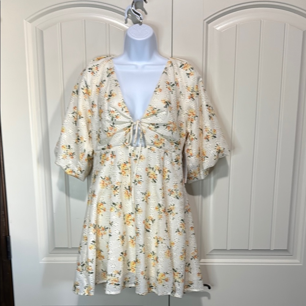 New Lumiere Cream Sundress with Puff Sleeves and Plunge Neckline